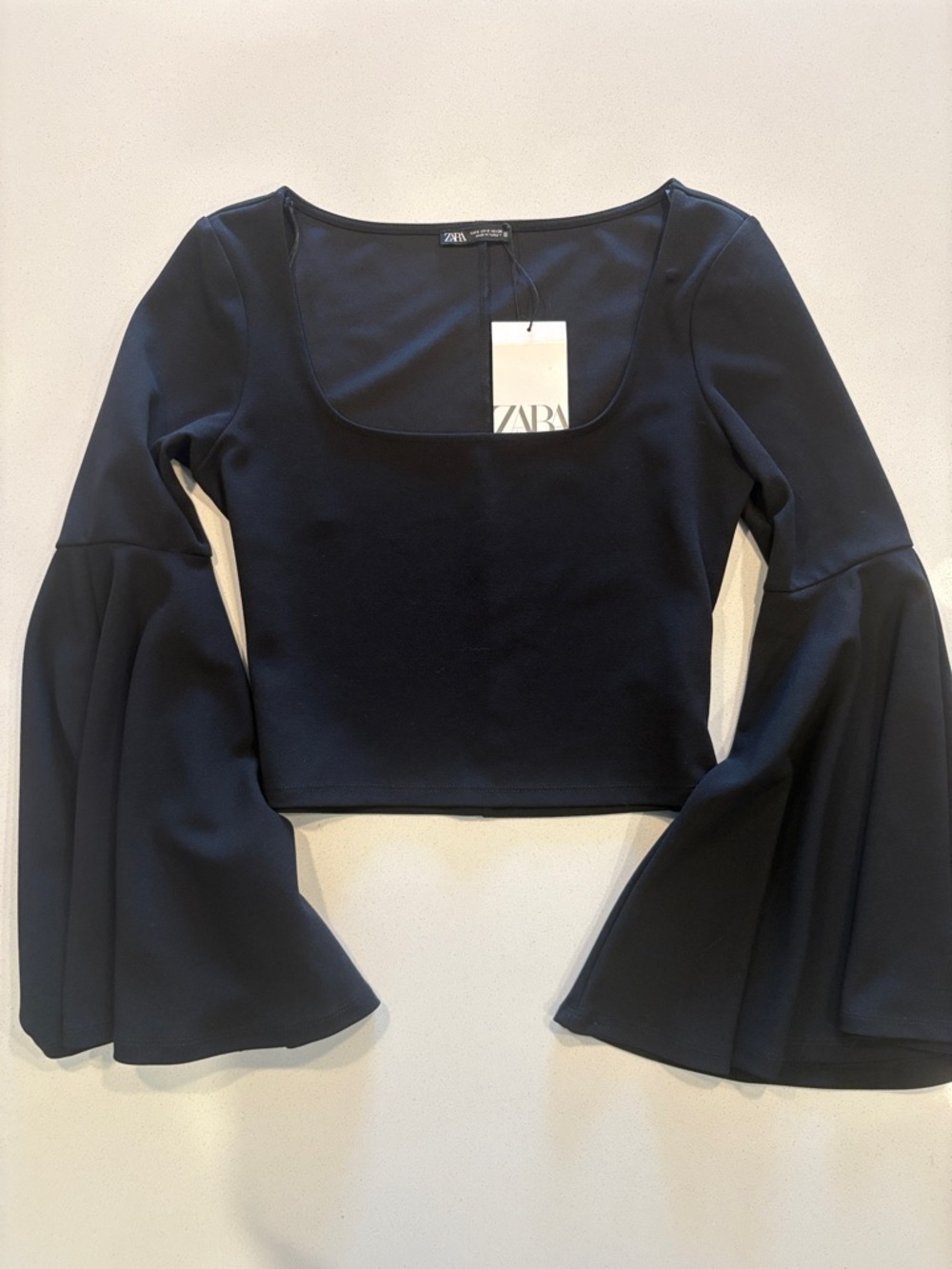 ZARA Black Square-Neck Bell-Sleeve Crop Top